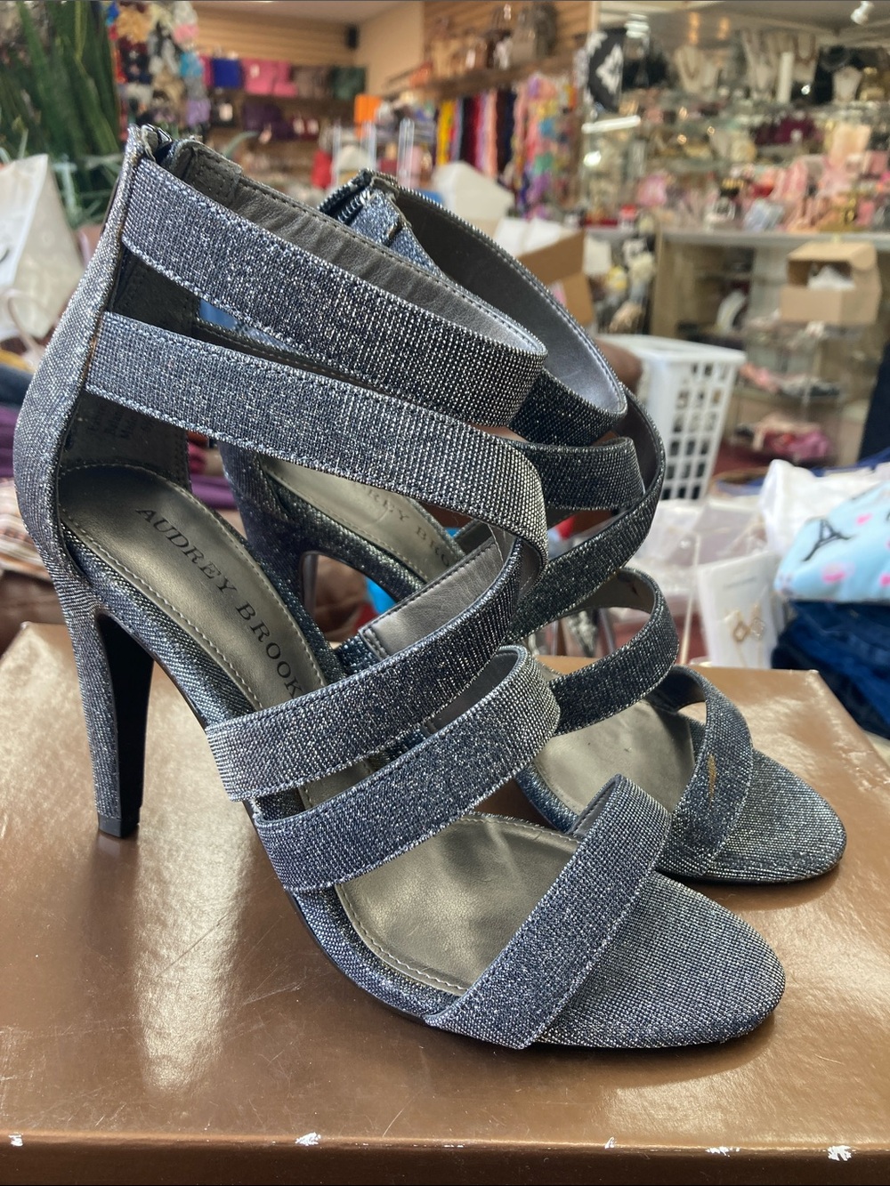 Audrey Brooke Silver Glitter Multi-Strap Heels